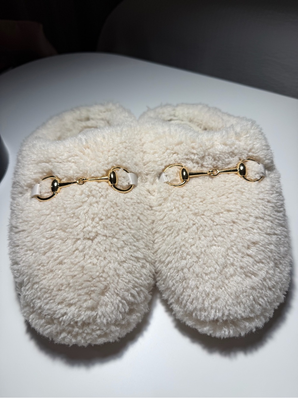 Cozy Cream Shearling Slippers with Gold Bit Accent